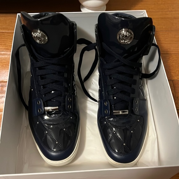 Versace Blue Patent Leather Medusa Studded High Top Sneakers Size 44 - Picture 2 of 5